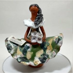 Vtg Caribbean Dolls Girl Terracotta Figure Flowing Dress Big Flower Hand Painted